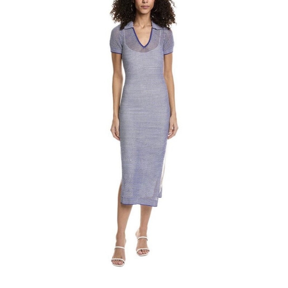 STAUD Oceane Dress Striped Mesh Blue White Size Large Collared Preppy